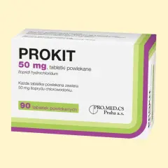 Prokit 50 mg, tabletki powlekane. Lek na problemy żołądkowe, zawiera itoprydu chlorowodorek. Opakowanie 90 tabletek.