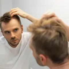Mężczyzna w białej koszulce sprawdza w lustrze swoje włosy, martwiąc się wypadaniem włosów u mężczyzn.