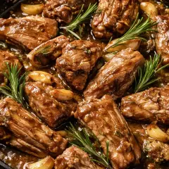 Succulento abbacchio alla romana in padella, con aglio e rosmarino, pronto per essere gustato.