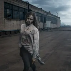 Przerażająca postać, jak z książek o zombie, stoi na dachu.