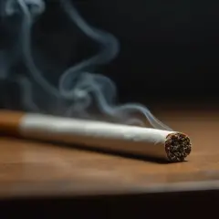 Dymiący papieros na drewnianym blacie. Zastanawiasz się, ile nikotyny ma papieros?