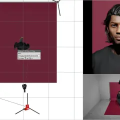 A 3D render shows a studio setup with a person walking towards a red backdrop. Broad lighting illuminates the scene, with camera settings displayed.