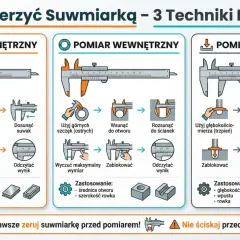 Ilustracja pokazuje, jak mierzyć suwmiarką: pomiar zewnętrzny, wewnętrzny i głębokości. Pokazuje kroki i zastosowania.
