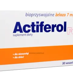 Opakowanie suplementu diety Actiferol z bioprzyswajalnym żelazem 7 mg, przeznaczone dla niemowląt i dzieci. Zawiera 30 saszetek.