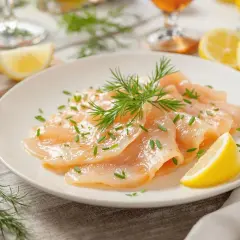 Délicieuse entrée avec truite fumée, garnie d'aneth frais et de fines herbes, accompagnée de quartiers de citron.