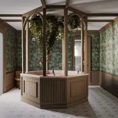 Gabinet masażu inspiracje: tropikalna dżungla w centrum, wiszące rośliny, drewniane detale, kamienny blat.