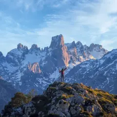 Persona en la cima de una montaña rocosa, con los brazos extendidos, contemplando los impresionantes picos nevados de los Picos de Europa. Un paisaje espectacular para descubrir qué ver.