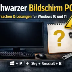 Schwarzer Bildschirm PC: Ursachen & Lösungen für Windows 10/11. Ein schwarzes Bild mit Computer, Tastatur, Maus, Notizbuch mit Fragezeichen und Werkzeug.
