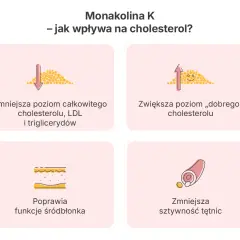 Monakolina K: zmniejsza cholesterol LDL, zwiększa HDL, poprawia śródbłonek i zmniejsza sztywność tętnic.