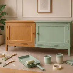 Buffet en bois, moitié peint en vert pastel, entouré d'outils de peinture. Une touche de deco avec bois.