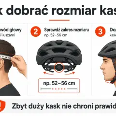 Jak dobrać rozmiary kasków rowerowych: zmierz obwód głowy, sprawdź zakres rozmiaru kasku (np. 52-56 cm) i dopasuj regulację. Zbyt duży kask nie chroni.