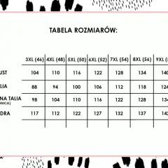 Tabela rozmiarów odzieży plus size: biust, talia, obniżona talia, biodra. Rozmiary od 3XL (46) do 9XL (58).