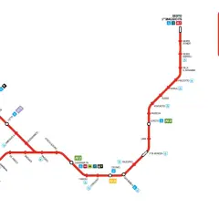 Mappa della metropolitana di Milano, linea M1 in rosso. La fermate rossa collega RHO FieraMilano a Sesto FS 1° Maggio.