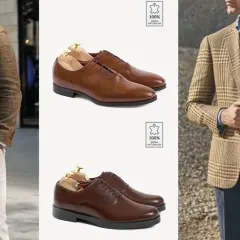 Mężczyzna w eleganckim brązowym garniturze i brązowe buty wizytowe.