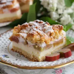 Pyszny sernik z rabarbarem, posypany cukrem pudrem, na ozdobnym talerzyku. Obok kawałki rabarbaru i listek mięty.
