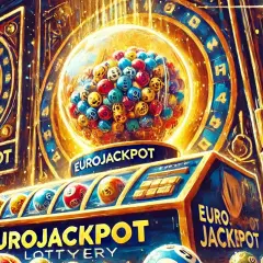 Złota maszyna losująca Eurojackpot z kulkami i cyframi.