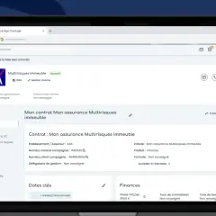 Interface d'une application de courtage en assurance, affichant les détails d'un contrat multirisques immeuble AXA. Gestion des sinistres et des finances pour une meilleure expérience ged assurance.