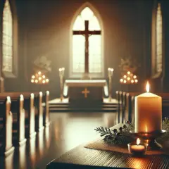 Wnętrze kościoła, ławki, ołtarz z krzyżem i płonące świece. Czas żałoby po mężu jest trudny, ale światło świec symbolizuje nadzieję.