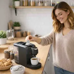 Donna prepara un caffè americano con la macchina a capsule, un'ottima idea per iniziare la giornata.