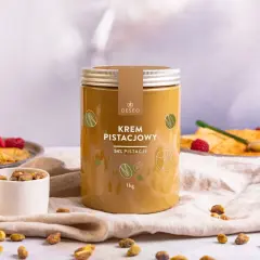 Pyszny krem pistacjowy Deseo, idealny do ptysi i deserów. 54% pistacji, 1kg.