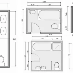 Plans d'aménagement salle de bain : douches, baignoires, lavabos et WC représentés avec leurs dimensions pour optimiser l'espace.