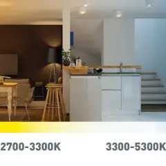 The image shows a split view of a home interior, illustrating different Kelvin (K) lighting temperatures. What does K mean in lighting? It's a measure of color temperature, from warm yellow (<2700K) to cool blue (>5300K).