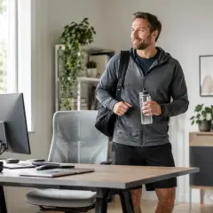 Mężczyzna w sportowym stroju z torbą i butelką wody, gotowy na wysiłek fizyczny po pracy przy biurku.