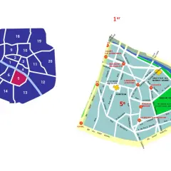 Mapa Paryża z zaznaczonymi dzielnicami, wyróżniona 5. dzielnica.