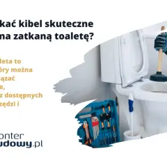Zatkany kibel na amen? Hydraulik z przepychaczem walczy z problemem. Obok skrzynka z narzędziami.