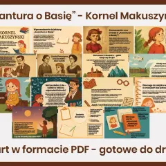 Książka "Awantura o Basię" Kornela Makuszyńskiego. 15 kart PDF z materiałami do druku: streszczenie, motywy, zadania.
