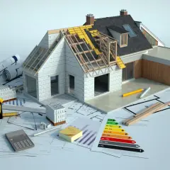 Model domu w trakcie budowy, plany, materiały budowlane i kalkulator. Rozbudowa domu to skomplikowany proces.