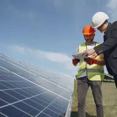 Deux hommes en casque discutent des plans près de panneaux solaires, en vue du remplacement d'un appareil sous garantie.