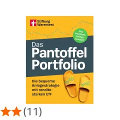 Buchcover "Das Pantoffel Portfolio" von Stiftung Warentest. Eine bequeme Anlagestrategie mit renditestarken ETFs, symbolisiert durch gelbe Pantoffeln.