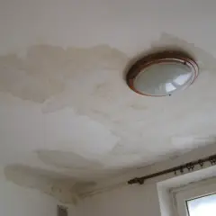 Plamy na suficie świadczą o jego higroskopijności i problemach z wilgocią. Widoczna lampa sufitowa i fragment okna.