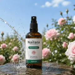 Erfrischendes Rosenwasser von Nailara, umgeben von zarten Rosen. Die beruhigende rosenhydrolat wirkung für Ihre Haut.