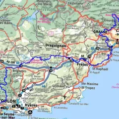 Carte de la région PACA, avec les routes et villes principales comme Aix-en-Provence, Nice, Cannes, Toulon. La gr 51 est visible.