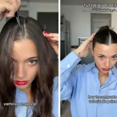 Tutorial de peinado para un look pulido y elegante. La joven se divide el cabello y luego lo recoge en un moño perfecto.