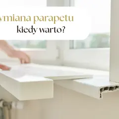Ręce montują nowy, biały parapet wewnętrzny. Stary, zniszczony parapet jest widoczny obok.