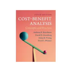 Book cover for "Cost-Benefit Analysis: Concepts and Practice," featuring a balance scale with a large blue ball and a small pink ball, illustrating the steps of cost benefit analysis.