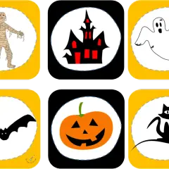 Imágenes de banderines de Halloween para imprimir: momia, casa embrujada, fantasma, murciélago, calabaza y gato negro.