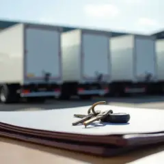 Kluczyki i dokumenty na stole, w tle rząd białych ciężarówek. Idealny moment na leasing samochodu ciężarowego.