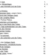 Text des Glaubensbekenntnisses evangelisch: Ich glaube an Gott, den Vater, den Allmächtigen, den Schöpfer des Himmels und der Erde. Und an Jesus Christus, seinen eingeborenen Sohn, unsern Herrn.
