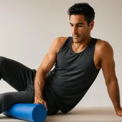 Uomo con rullo blu per massaggio muscolare, affronta il dolore dopo stretching.