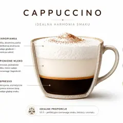 Przekrój cappuccino z pianką, mlekiem i espresso. Dowiedz się, ile kalorii ma cappuccino, dzięki idealnym proporcjom 1:1:1.