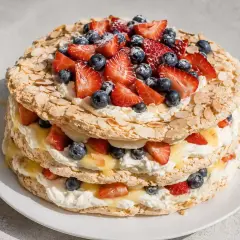 En vacker lager-på-lager tårta med marängbottnar, grädde, bär och mandelflagor. Ett perfekt kinder tårta recept för sommaren.