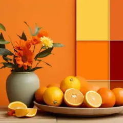 Ein Strauß orangefarbener Blumen und frische Orangen auf einem Holztisch. Die Farben rot und gelb mischen sich in einem abstrakten Hintergrund aus Farbquadraten.