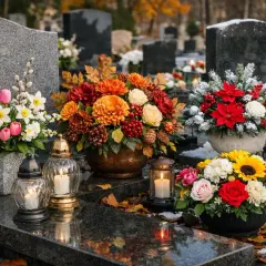 Na cmentarzu, wśród nagrobków, palą się znicze. Na płytach spoczywają bukiety kwiatów sezonowych: tulipany, róże, chryzantemy, słoneczniki.