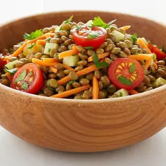 Deliciosa ensalada de lentejas original con tomates cherry, zanahoria rallada y perejil, servida en un cuenco de madera.