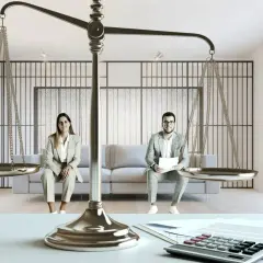 Balanza de justicia con dos personas sentadas a cada lado. Se puede pedir alquiler a un copropietario.
