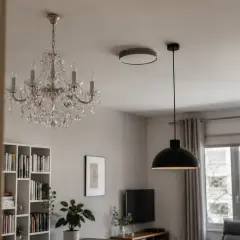 Elegancki żyrandol i nowoczesna lampa wisząca plafon tworzą kontrast w salonie.